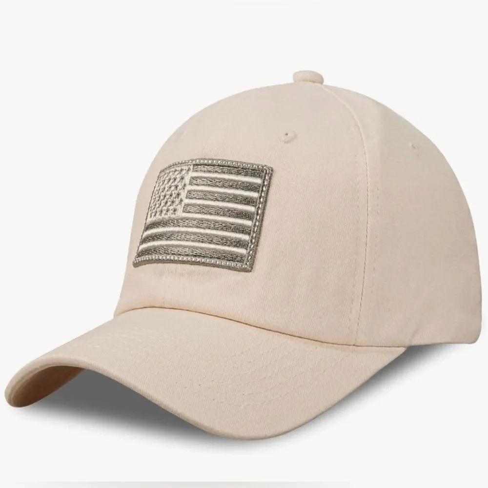 ☔️🔹️NWT Cream Embroidered American Flag Adjustable Unisex Hat